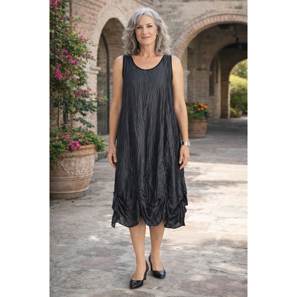 Harubella Bubble Hem Dress Women XL Black Crinkle Lagenlook Metallic Art To Wear